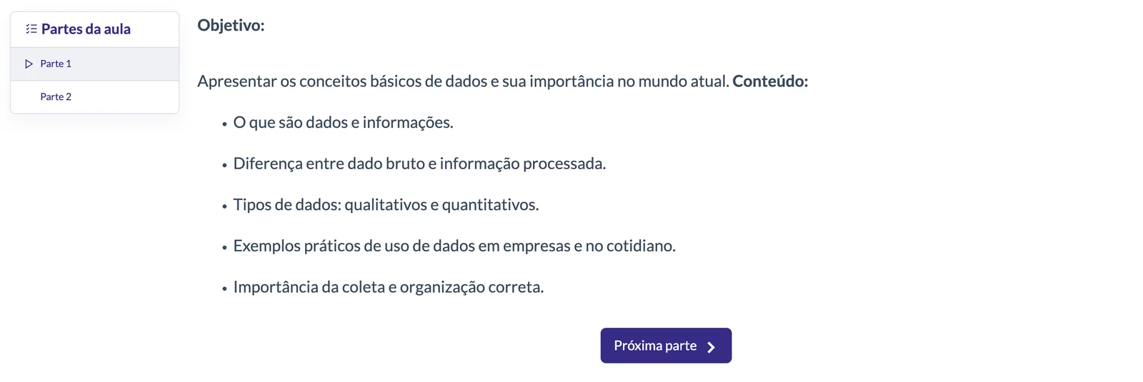 Aula com menu lateral de partes e conteúdos organizados por separadores