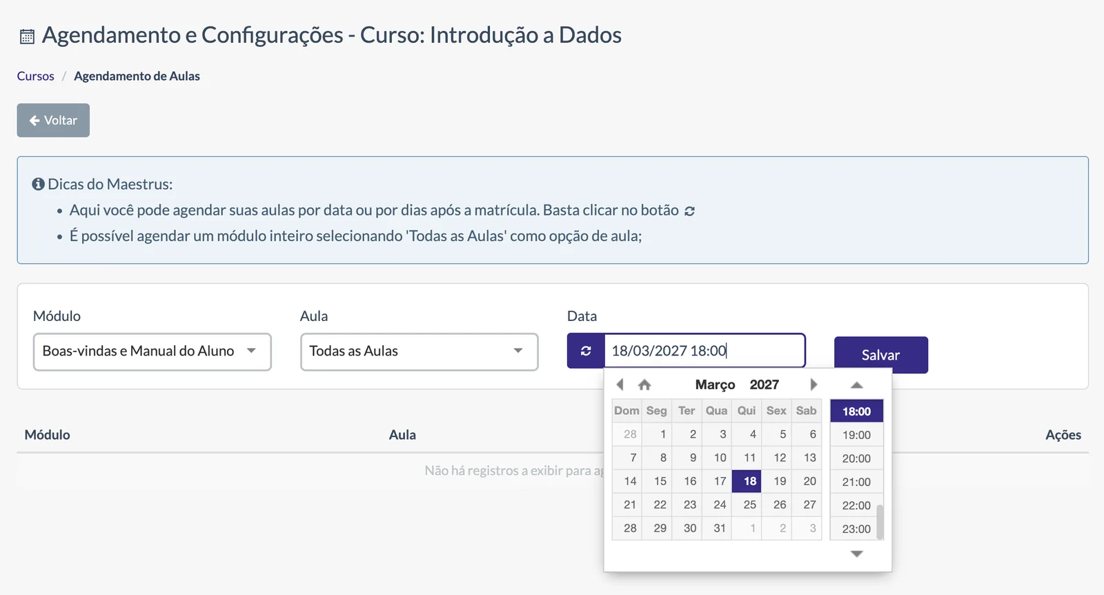 Agendamento de aulas por módulo, aula, data e horário