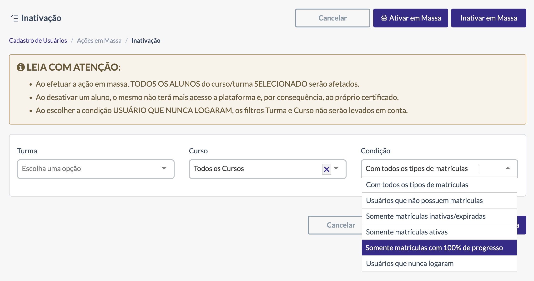 Tela de inativação de alunos em lote