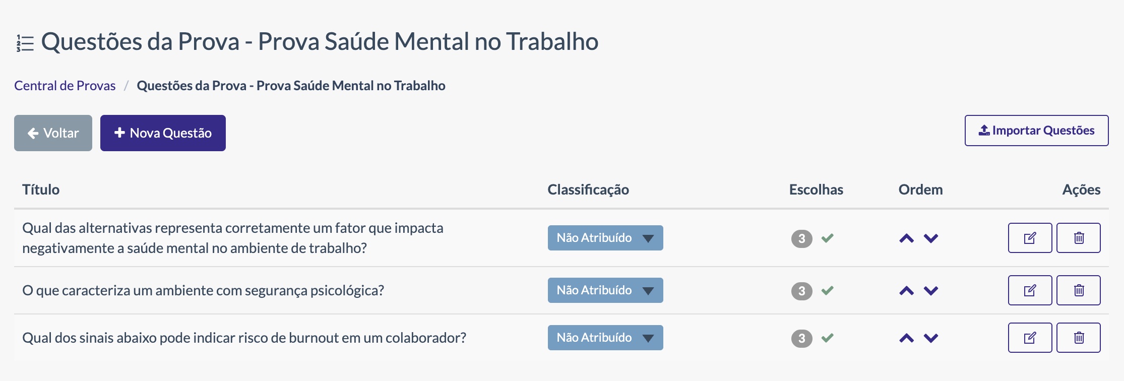 Tela de questões da prova Saúde Mental no Trabalho