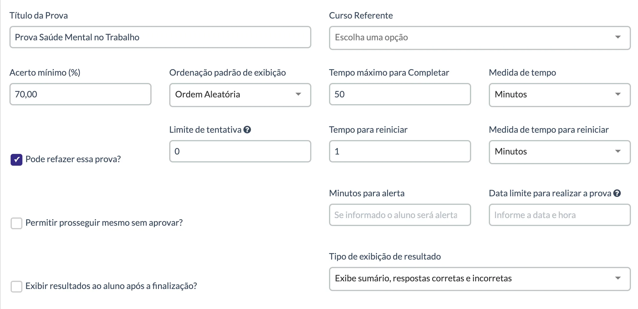 Tela de configuração de limite de tentativas em provas
