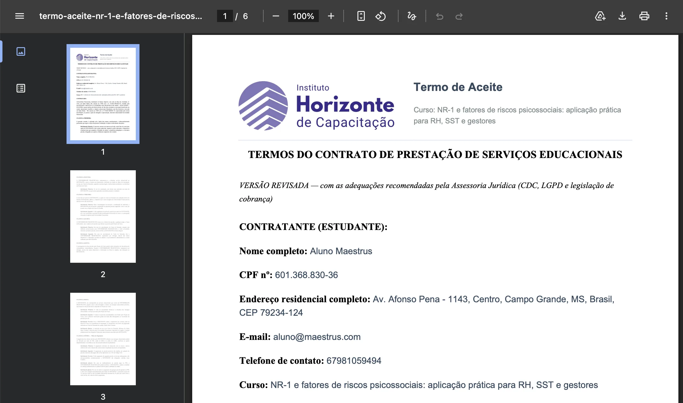 Tela de comprovante de aceite em PDF
