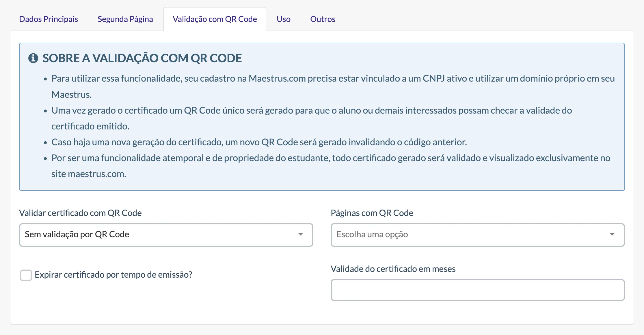 Tela de configuração da validação por QR Code