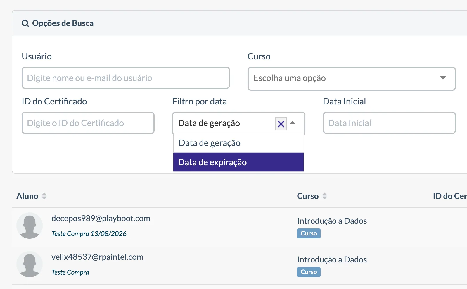 Tela de filtros e busca da gestão de certificados