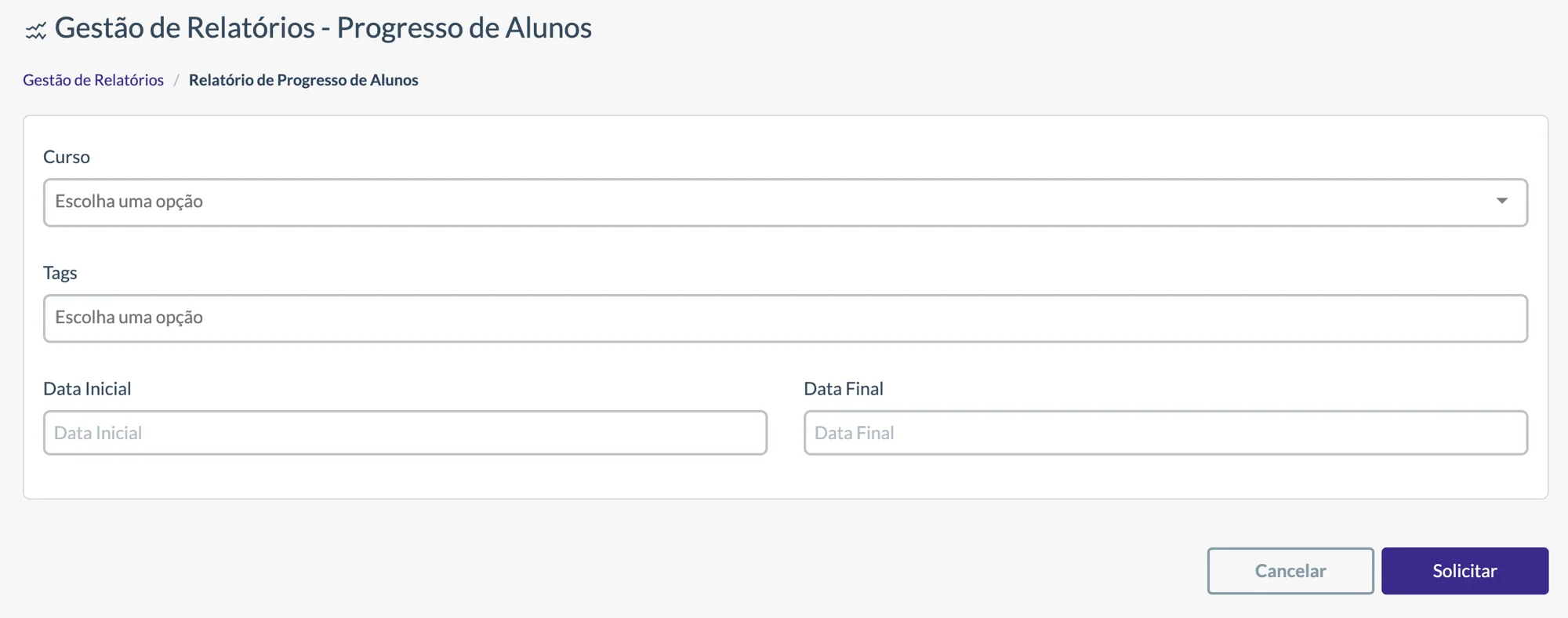 Formulário de gestão de relatórios para emitir o progresso consolidado dos alunos com filtro por curso, Tags e período