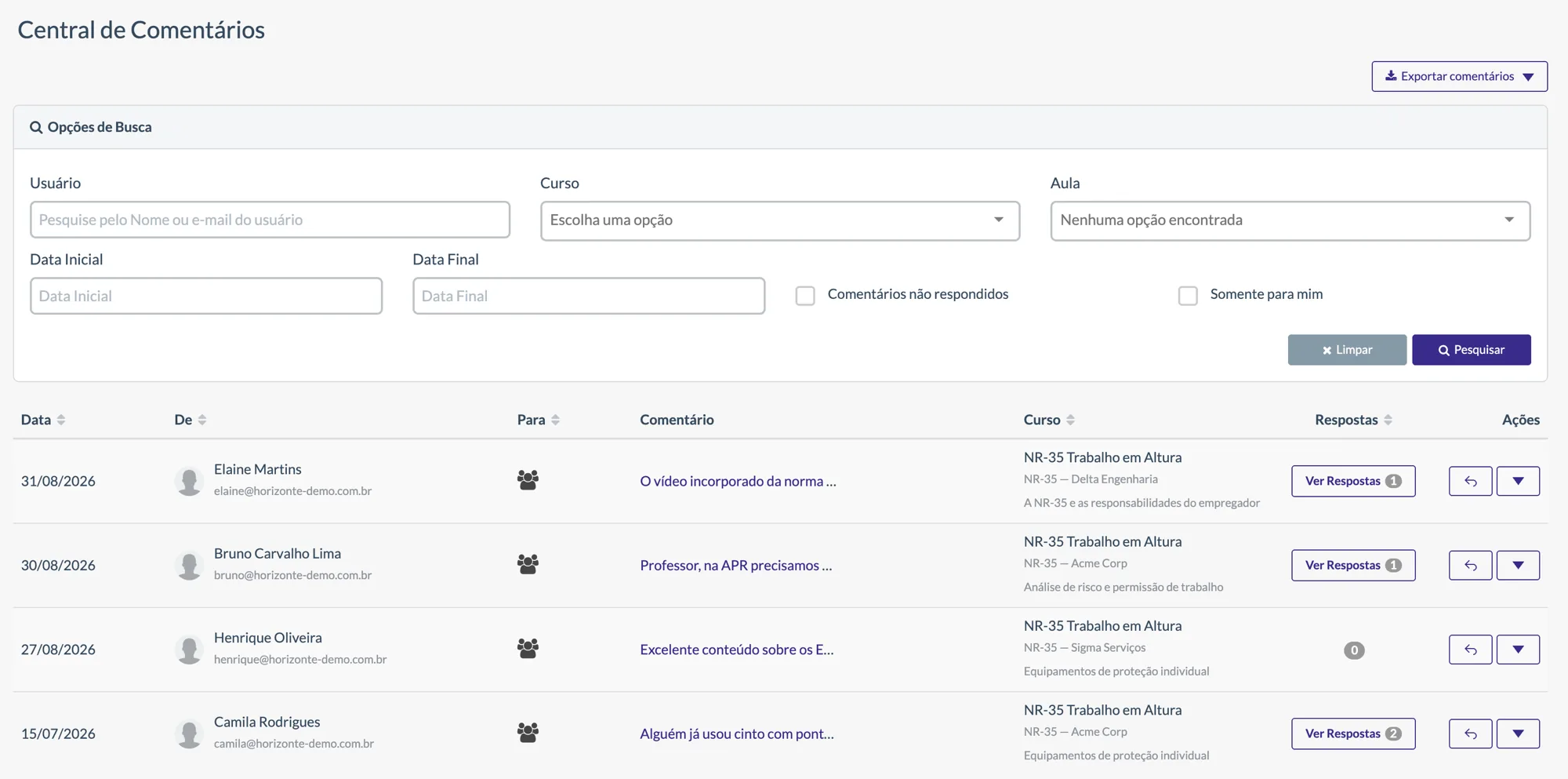 Central de comentários com filtros de busca e lista de comentários dos alunos por curso