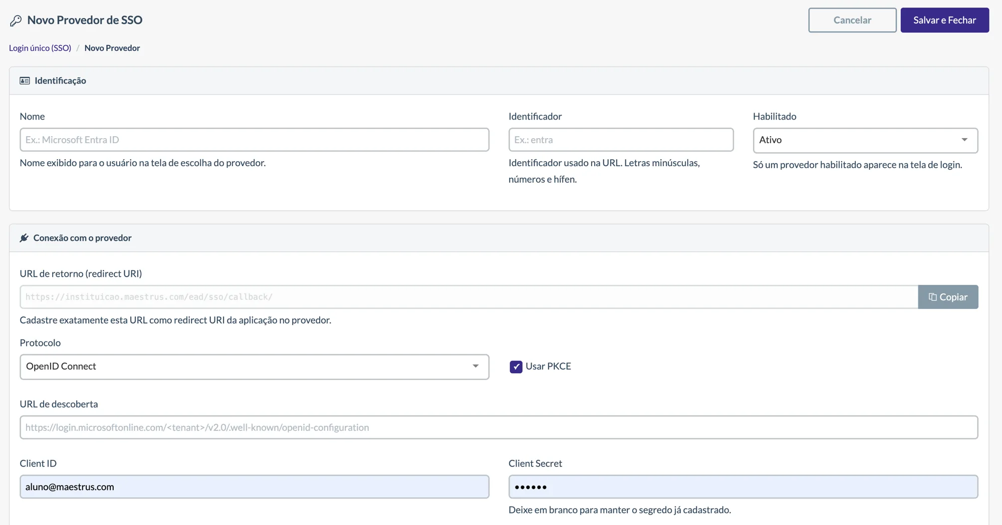 Cadastro de provedor de SSO com identificação e conexão por OpenID Connect, redirect URI e credenciais