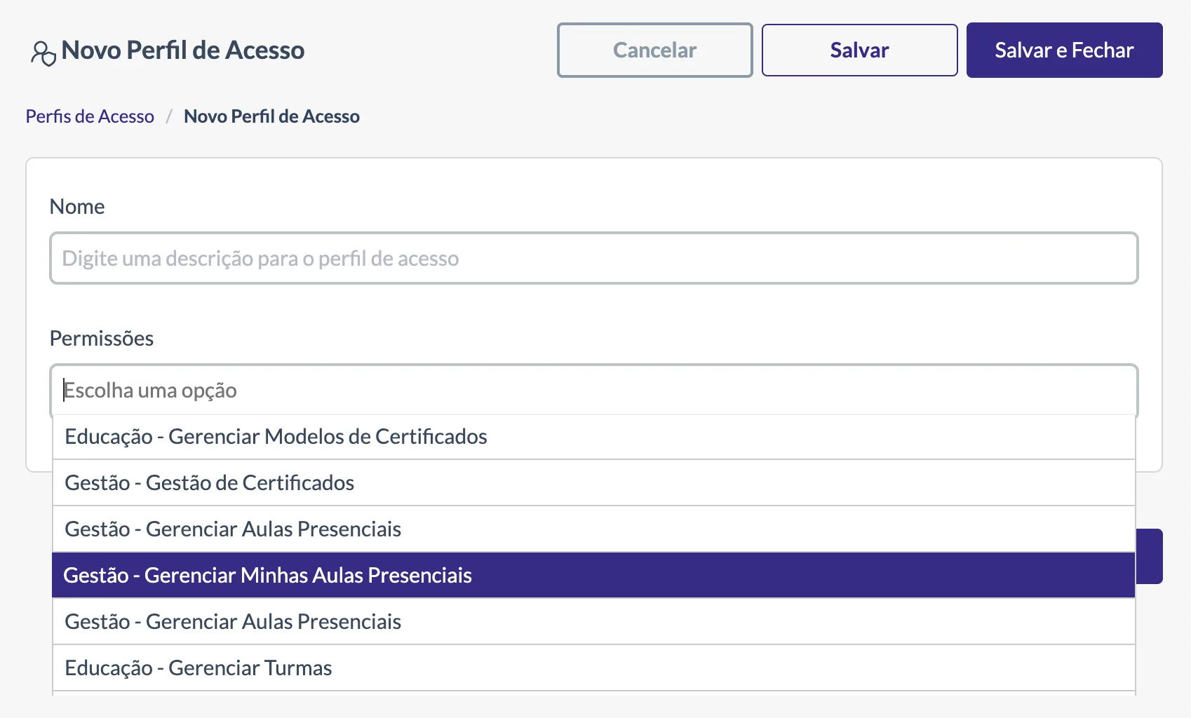 Cadastro de perfil de acesso com nome e seleção de permissões por área do sistema