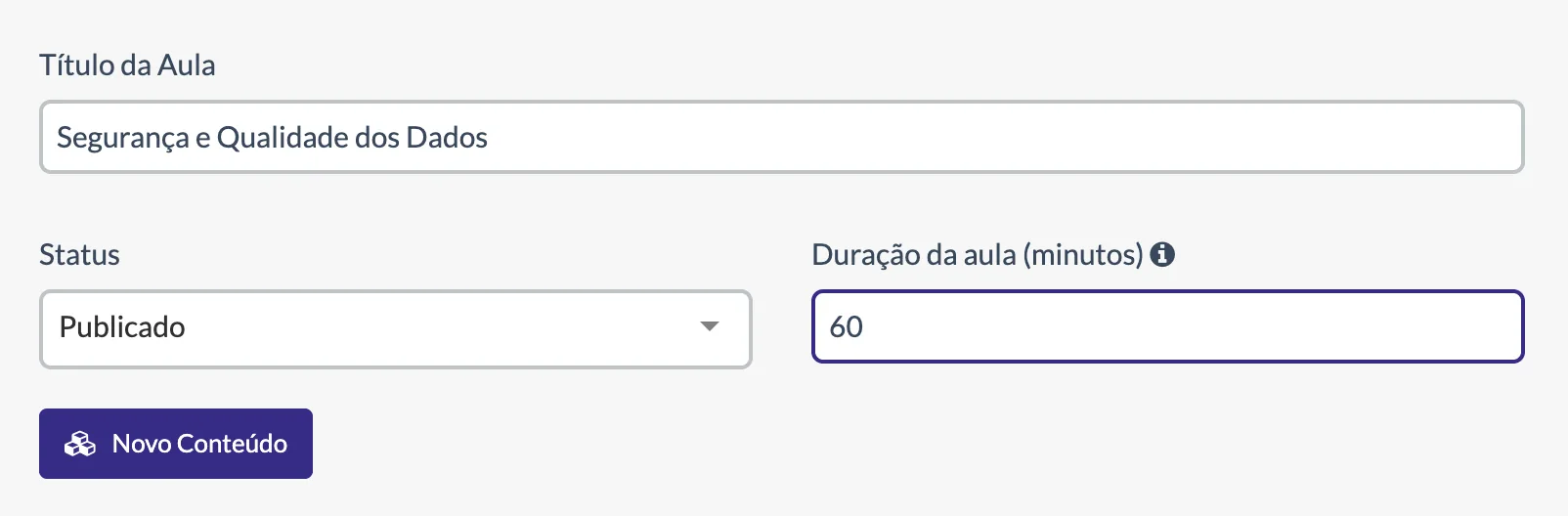 Configuração da aula com título, status de publicação e duração em minutos