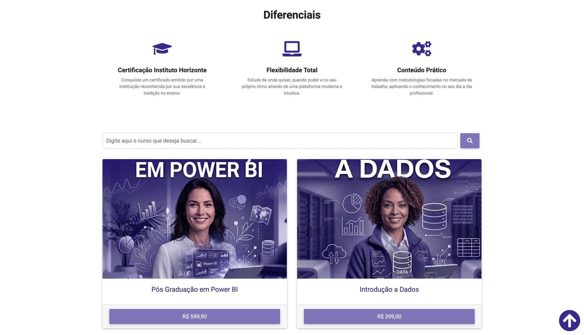 Site com vitrine de cursos, busca e cards de cursos com preço e botão de inscrição