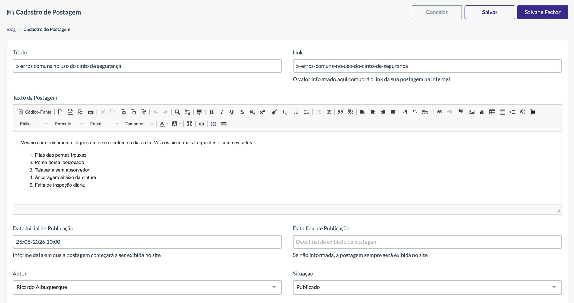 Cadastro de postagem do blog com título, link, editor de texto, datas de publicação, autor e situação