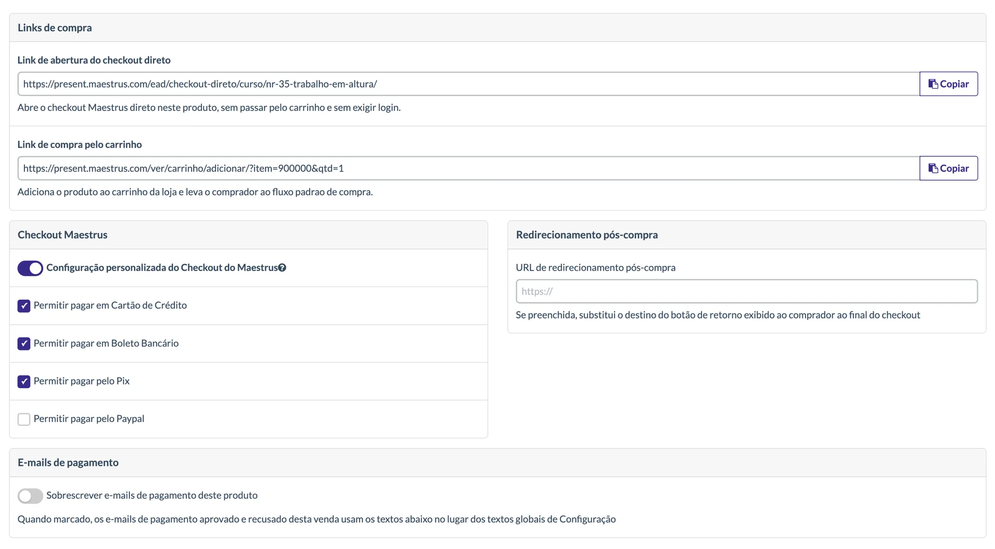 Configuração dos links de compra do curso, com link de checkout direto, opções de pagamento e redirecionamento pós-compra