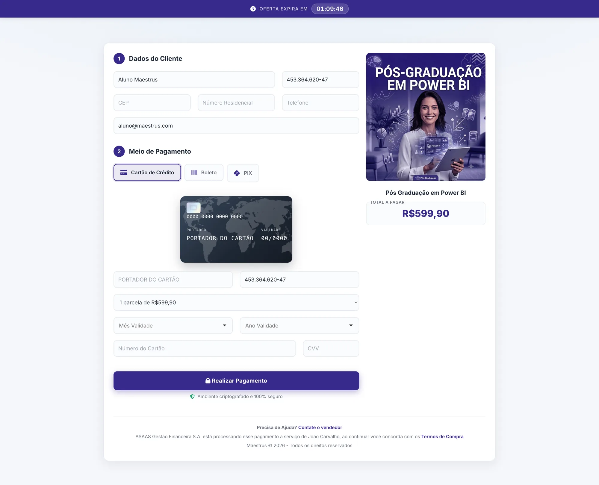 Página de checkout de um curso com dados do cliente, meio de pagamento e resumo do valor, processado pelo Asaas