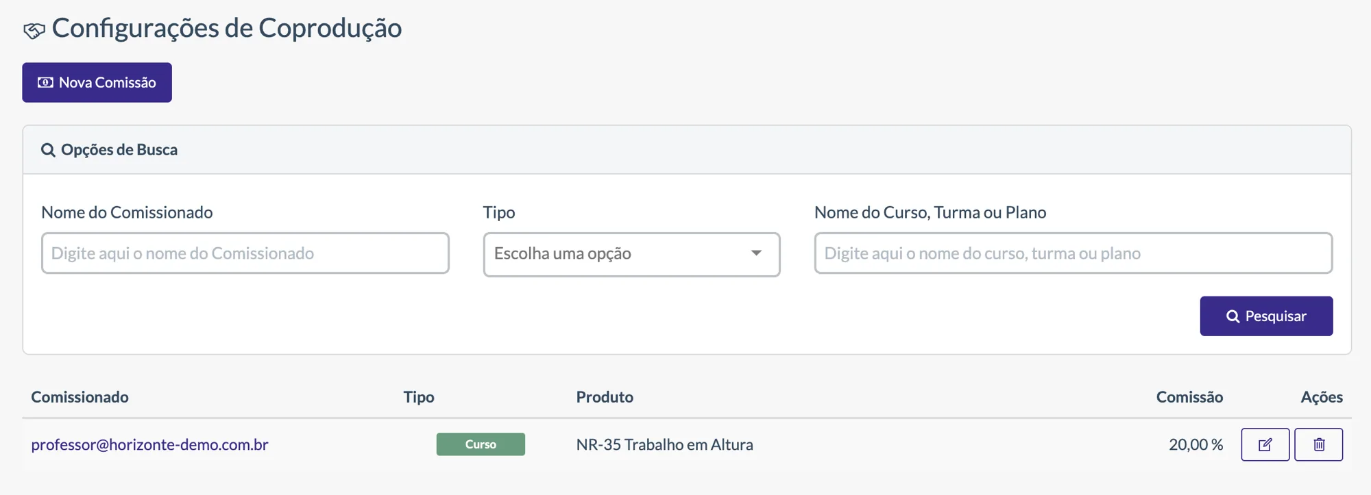 Configurações de coprodução com lista de comissionados, tipo, produto e percentual de comissão