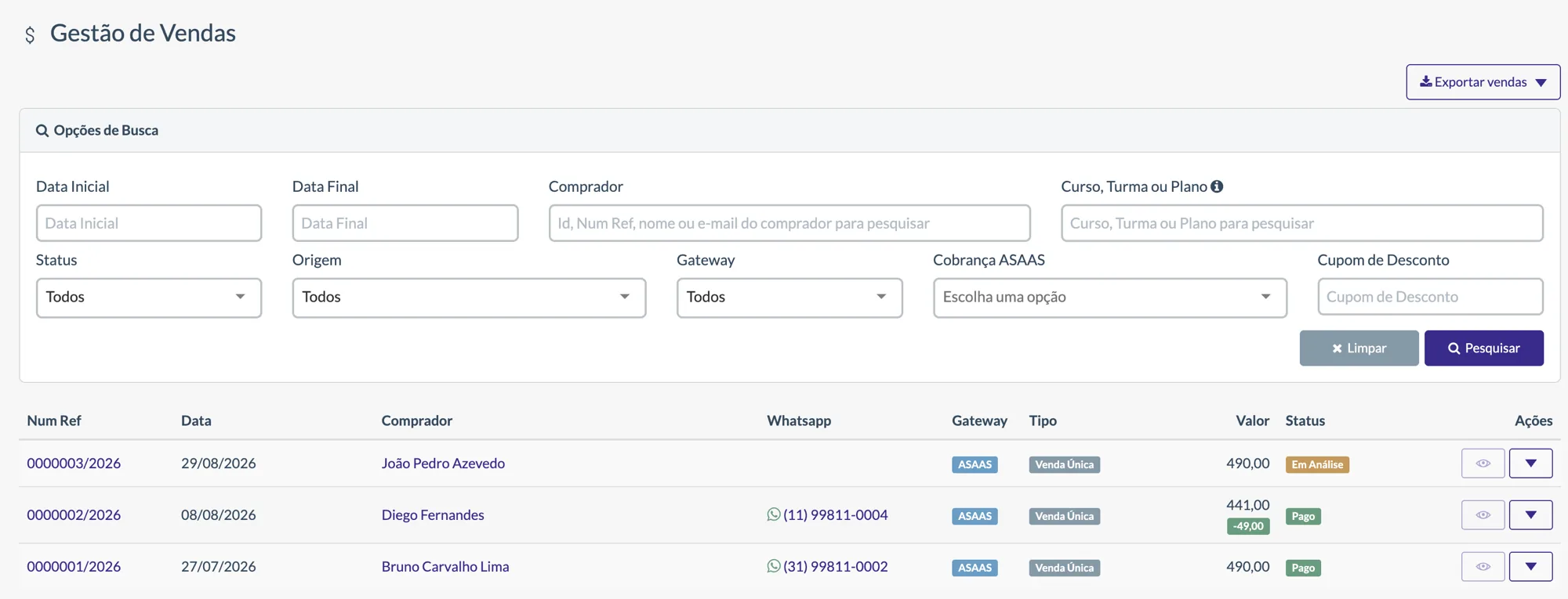 Gestão de vendas com filtros, lista de compradores, WhatsApp, gateway, valor e status de pagamento