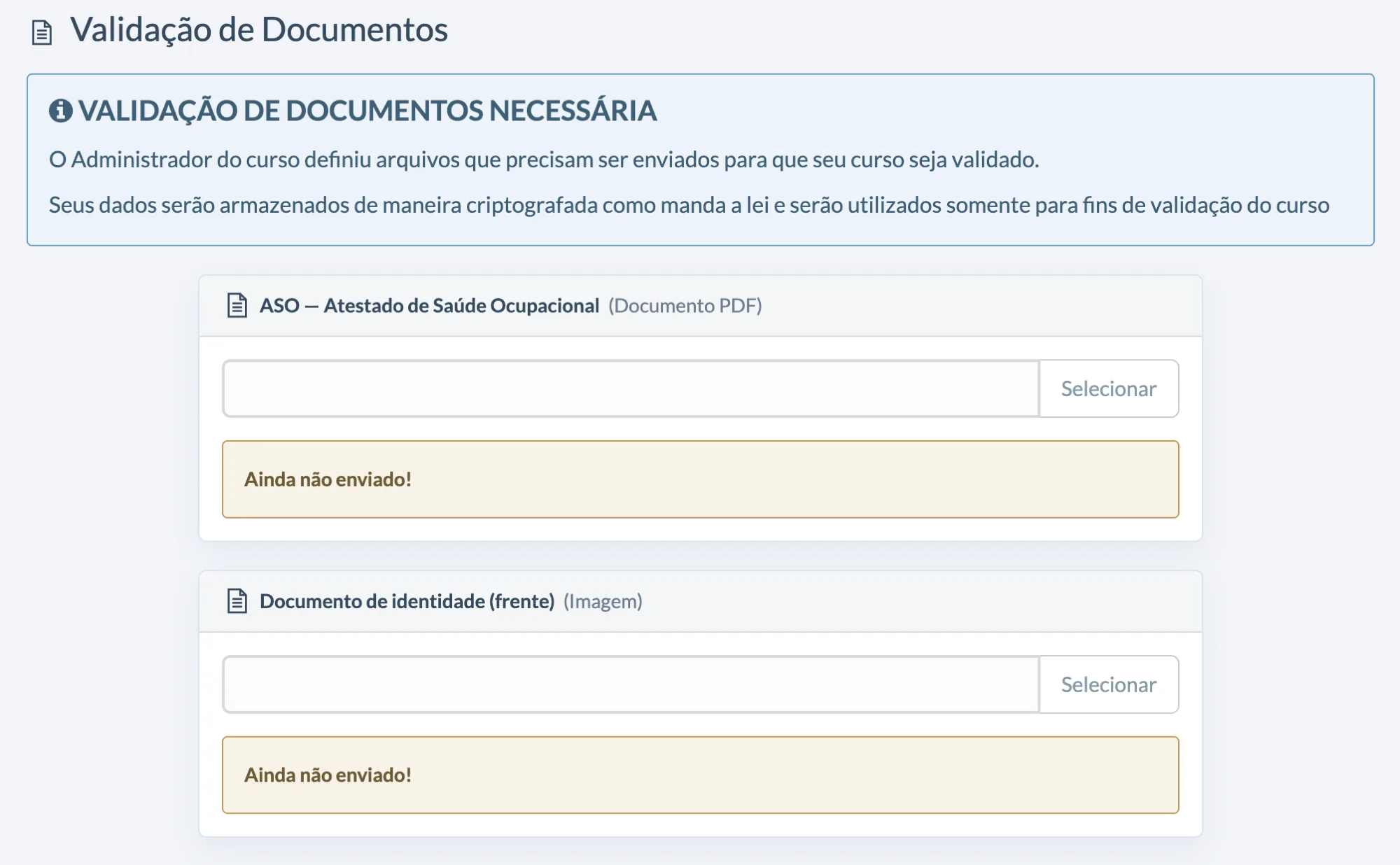Tela de validação de documentos do aluno com campos de envio de ASO e documento de identidade