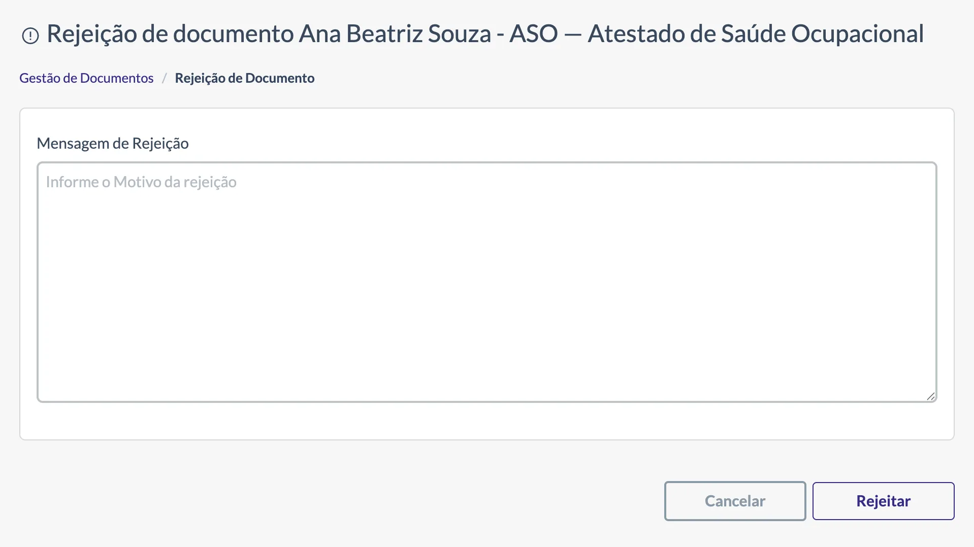 Tela de rejeição de documento com campo para informar o motivo da rejeição ao aluno